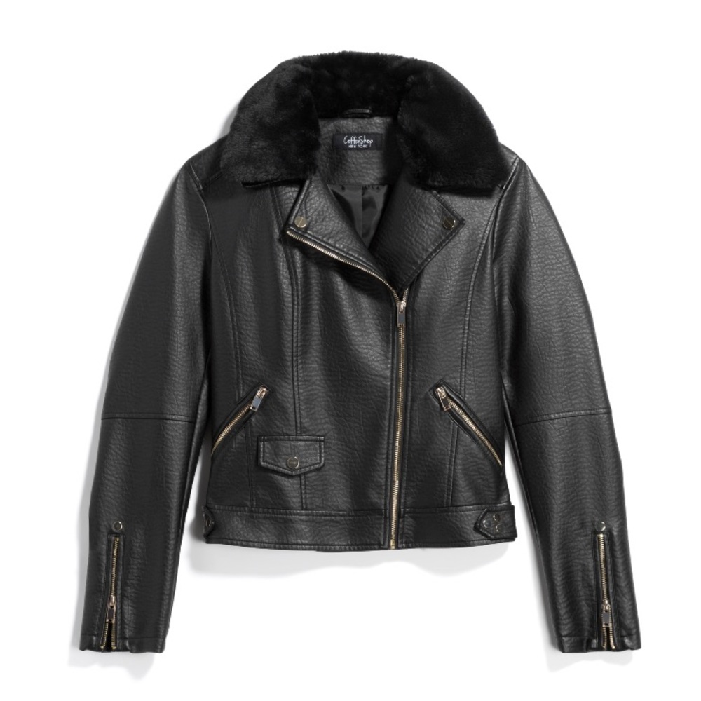 Estelle Faux Fur Collar Faux Leather Moto Jacket